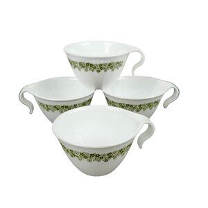 Set of Four Corelle Crazy Daisy Spring Blossom Hook Handle Coffee Cups GREEN